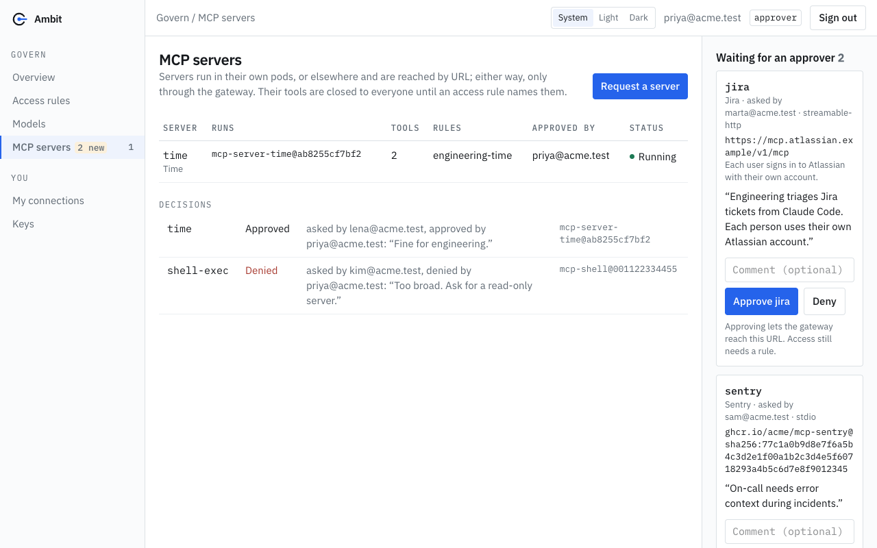 The MCP servers page, signed in as an approver. Under Waiting for an approver, two requests are shown: jira, reached by URL with each user signing in to Atlassian, and sentry, an image pinned by digest. Each card has a comment field and the buttons Approve and Deny. At the left, the list of servers and the Decisions list show one approved and one denied request.