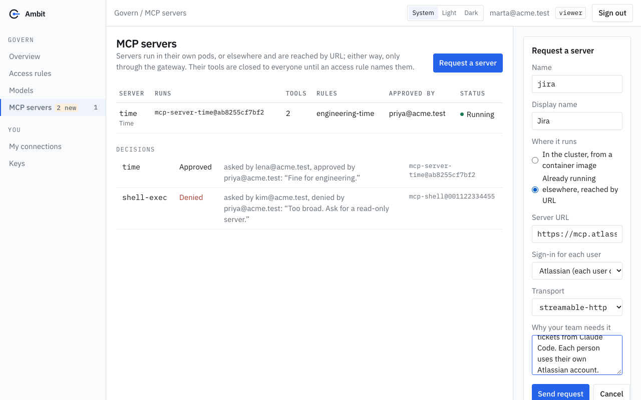 The MCP servers page, signed in as a person with the role viewer. The Request a server form is open at the right, filled in for a server named jira that is reached by URL, with the sign-in for each user set to Atlassian and a reason in the last field.
